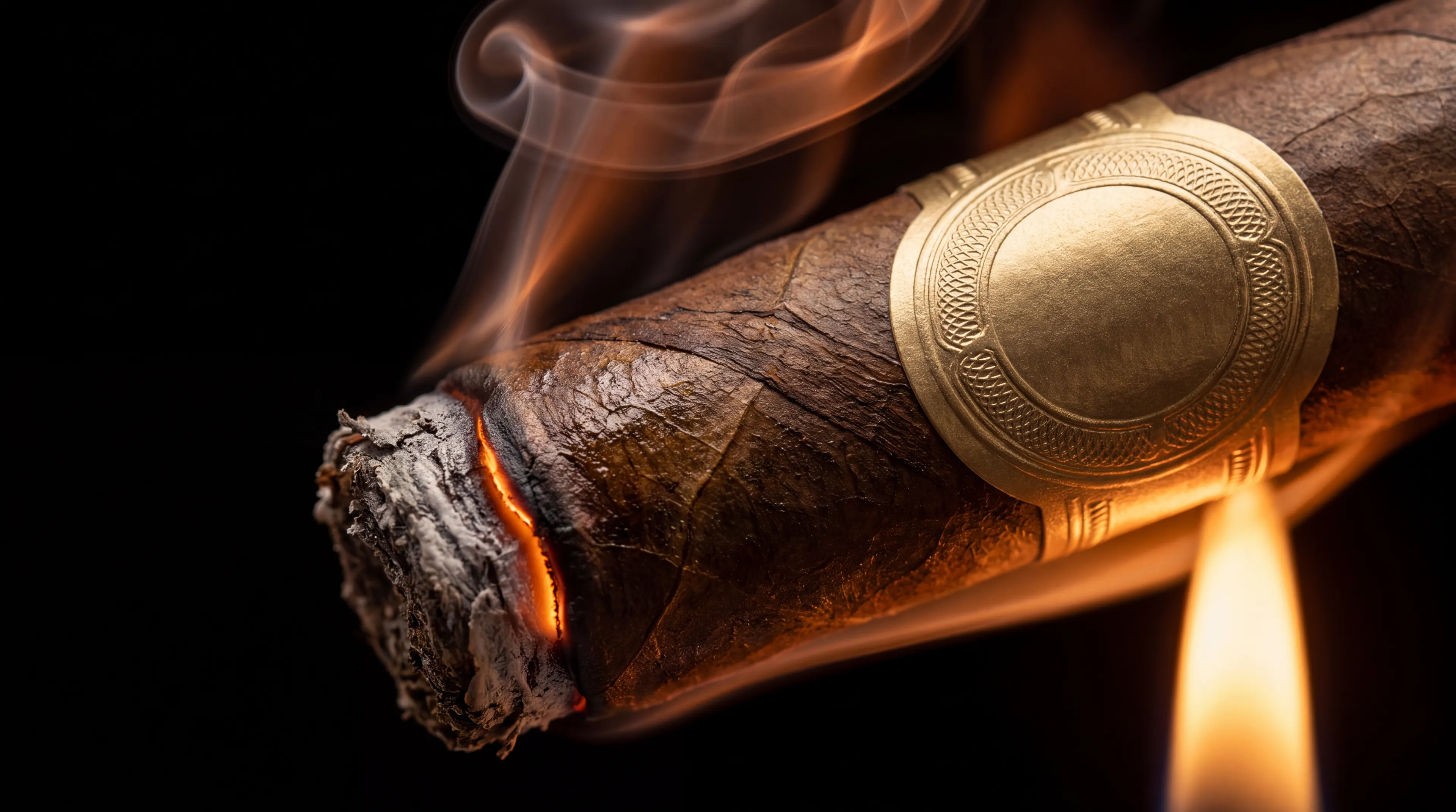 Extreme close-up of a premium cigar being lit, the ember glowing against pure black.