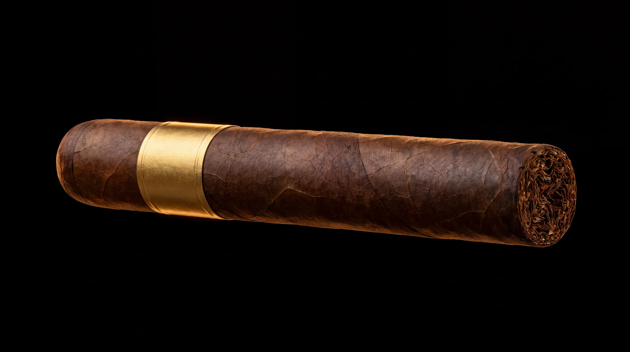 A complete cigar shown horizontally against black, from rounded cap to open foot revealing the long-filler leaves.
