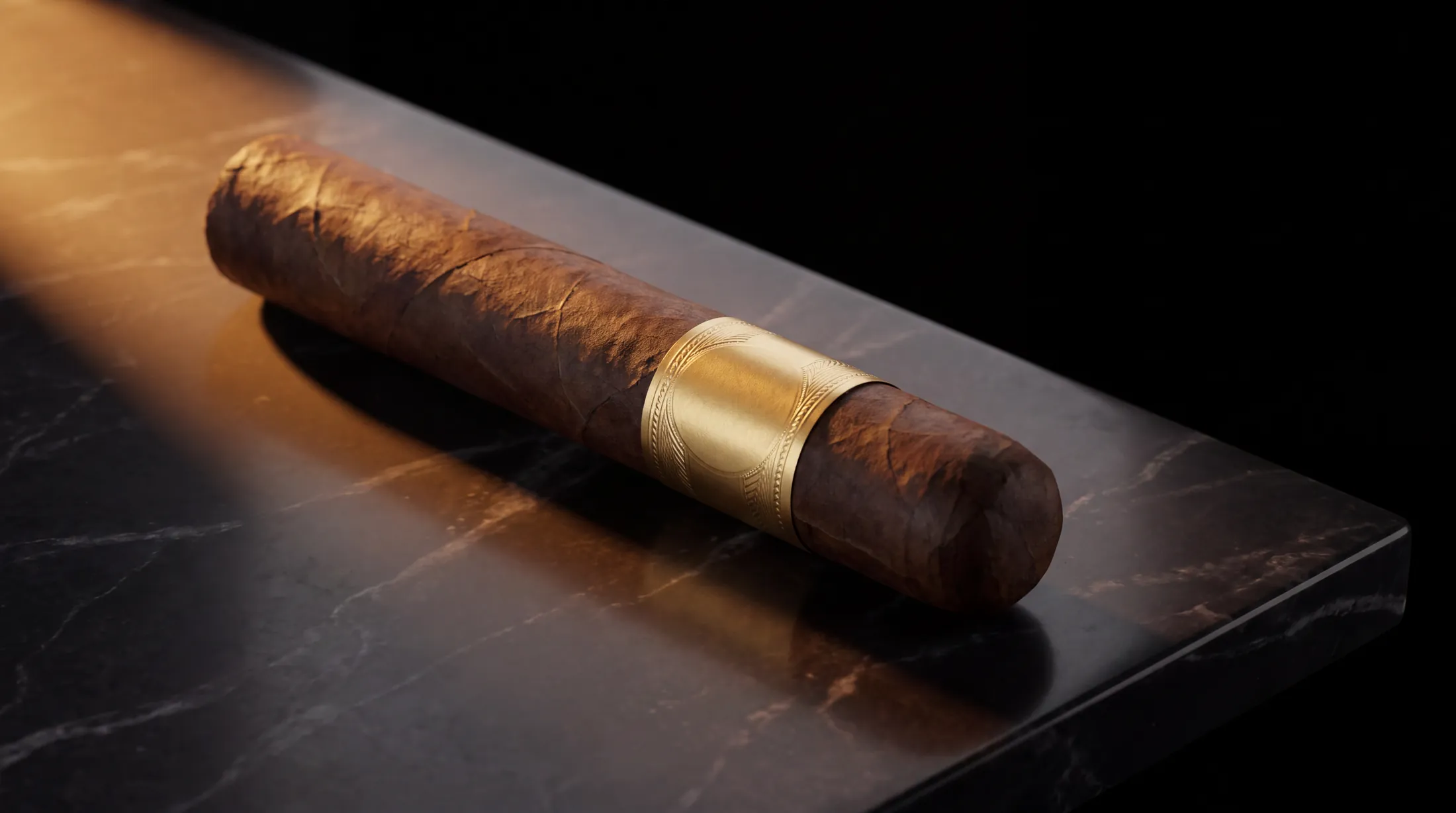 A single cigar on polished black marble, lit from the left by a narrow warm beam.